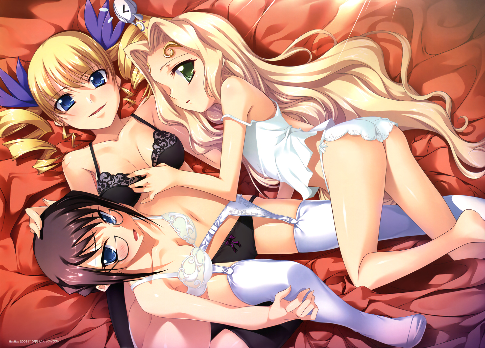 kantaka, kakuka (koihime musou), sousou (koihime musou), teiiku (koihime musou), koihime musou, highres, scan, 00s, 2008, 3girls, barefoot, bed, blonde hair, blush, bra, brown hair, drill hair, garter belt, glasses, green eyes, lingerie, multiple girls, panties, thighhighs, twintails, underwear, underwear only