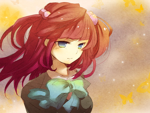 ushiromiya ange, umineko no naku koro ni, 00s, blue eyes, bow, bug, butterfly, red hair