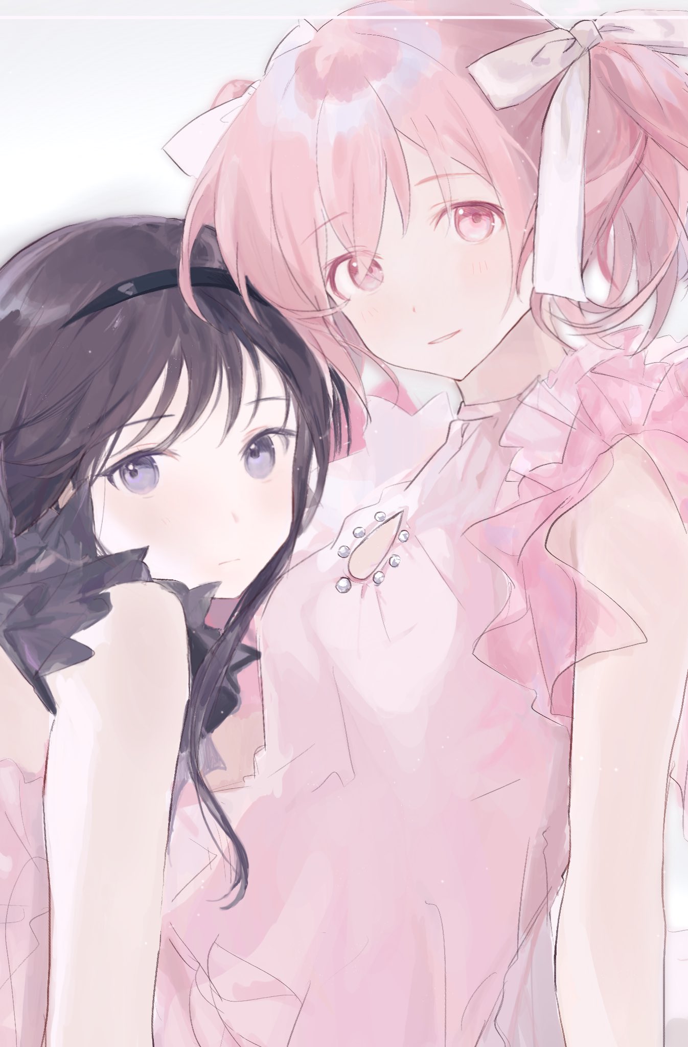 sukuuyu, akemi homura, kaname madoka, mahou shoujo madoka magica, commentary request, highres, 2girls, black eyes, black hair, black hairband, dress, grey background, hairband, long hair, looking at viewer, multiple girls, parted lips, pink dress, pink eyes, pink hair, ribbon, sleeveless, sleeveless dress, twintails, white ribbon