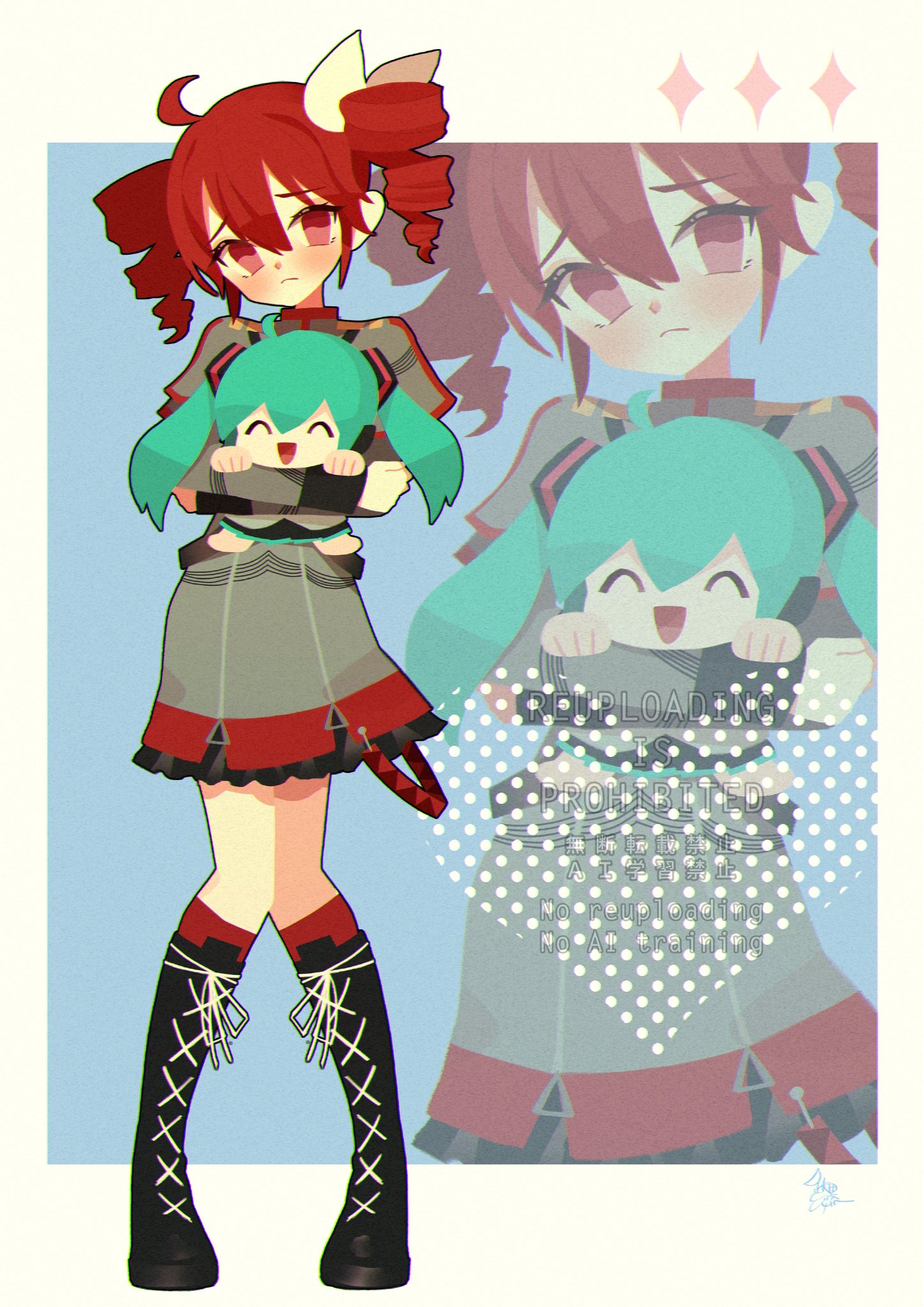 yorita genyu, hatsune miku, kasane teto, kasane teto (sv), synthesizer v, utau, vocaloid, commentary, highres, symbol-only commentary, 1girl, ahoge, boots, bow, capelet, character doll, doll, drill hair, frown, full body, hair bow, hugging doll, hugging object, knee boots, kneehighs, lace-up boots, long sleeves, looking at viewer, red eyes, red hair, skirt, socks, twin drills, watermark, zoom layer