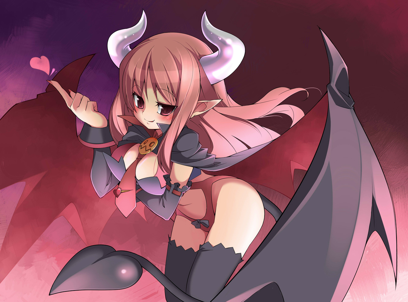 beihan, kokka han, succubus (disgaea), disgaea, makai senki disgaea 3, 1girl, between breasts, black thighhighs, breasts, cleavage, demon girl, demon tail, demon wings, female focus, heart, horns, large breasts, long hair, necktie, pointy ears, red eyes, red hair, smile, solo, tail, thighhighs, wings