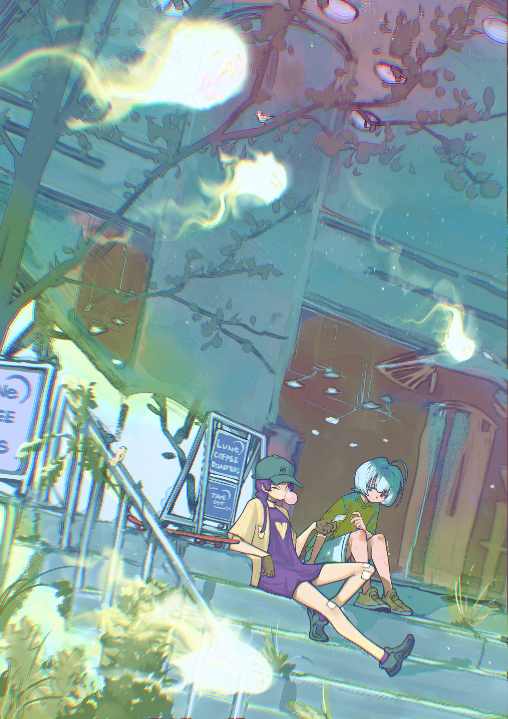 eudetenis, original, absurdres, clip studio paint (medium), commentary, english commentary, highres, 2girls, aqua hair, aqua hat, bandaid, bandaid on knee, bandaid on leg, baseball cap, blowing bubble gum, brown gloves, brown shirt, chewing gum, day, dress, english text, gloves, green shirt, grey shorts, hair over shoulder, hat, long hair, multiple girls, one eye closed, open clothes, open shirt, outdoors, purple dress, purple hair, railing, scenery, shirt, shoes, short hair, short sleeves, shorts, sign, sitting, sitting on stairs, slice of life, sneakers, stairs, swimsuit, tree