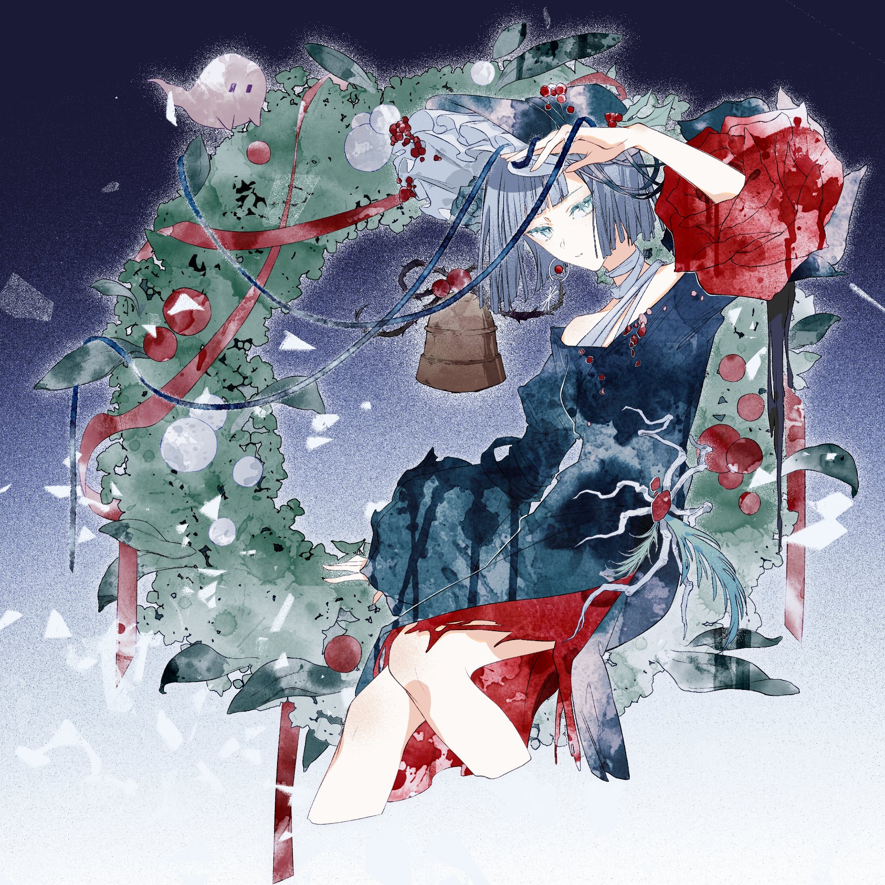 monuo518, mercuria (reverse:1999), reverse:1999, highres, 1girl, bare shoulders, bell, black dress, black hat, blue background, blue eyes, christmas wreath, cropped legs, dress, gradient background, grey hair, hand up, hat, juliet sleeves, long sleeves, looking at viewer, off-shoulder dress, off shoulder, official alternate costume, puffy sleeves, short hair, side slit, solo, wide sleeves, wreath