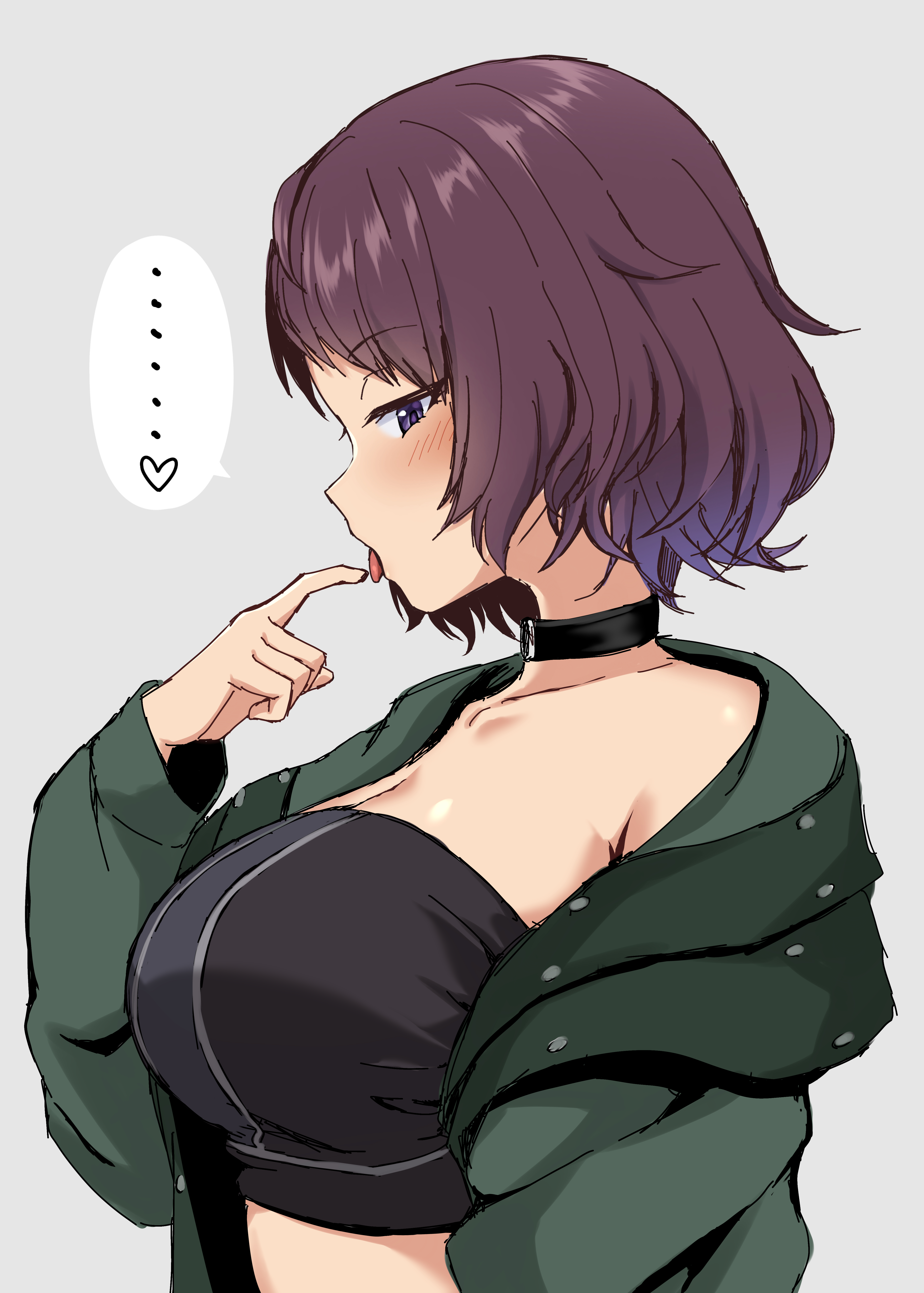 ryochapu, naekawa yawara, shine post, absurdres, highres, …, 1girl, black choker, breasts, brown hair, choker, cleavage, coat, crop top, from side, green coat, grey background, heart, large breasts, midriff, open clothes, open coat, pointing at mouth, profile, purple eyes, short hair, solo, spoken ellipsis, spoken heart, tongue, tongue out, upper body
