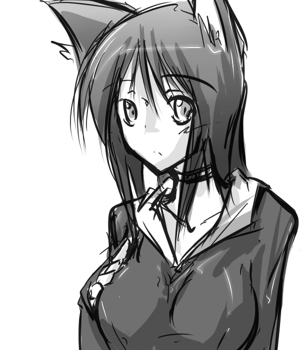 novemdecuple, 1girl, animal ears, breasts, collar, female focus, monochrome, solo, upper body, white background