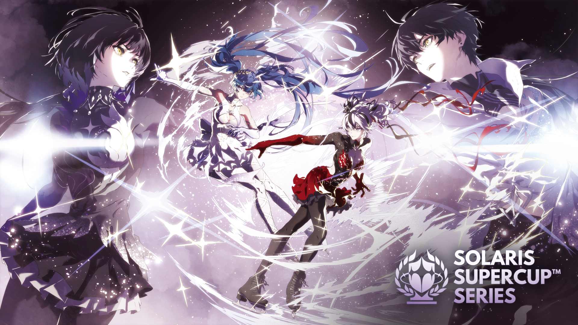 camellya (wuthering waves), female rover (wuthering waves), iuno (wuthering waves), male rover (wuthering waves), rover (wuthering waves), wuthering waves, commentary, english commentary, highres, official art, 1boy, 3girls, alternate costume, bare shoulders, black dress, black hair, black jacket, black pantyhose, blue hair, breasts, cleavage, dress, elbow gloves, english text, gloves, ice skates, jacket, laurel crown, long hair, medium breasts, multiple girls, open mouth, pantyhose, red dress, red gloves, skates, twintails, white dress, white gloves, yellow eyes