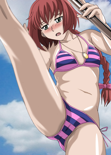 shioya, suou pavlichenko, darker than black, looking away, 00s, 1girl, bar (place), bare shoulders, bikini, blush, braid, cloud, day, female focus, green eyes, jewelry, leg up, long hair, navel, necklace, open mouth, partially visible vulva, pole, red hair, single braid, sky, solo, striped bikini, striped clothes, swimsuit