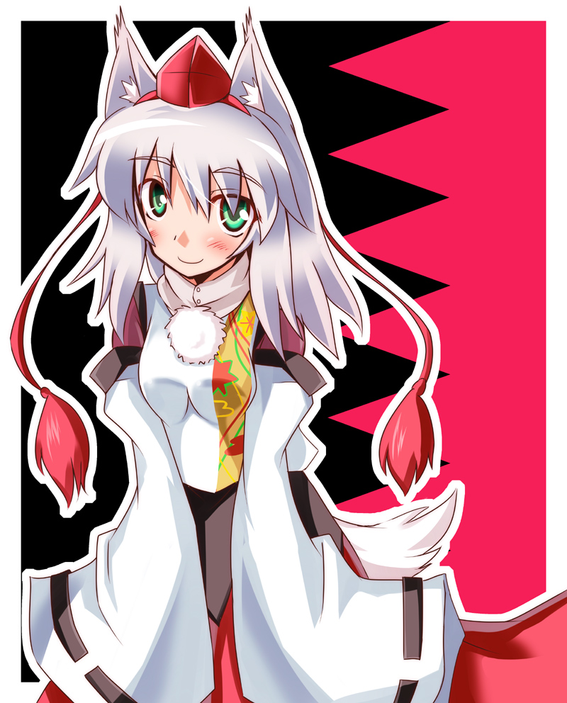 tokiniwa, inubashiri momiji, touhou, silver hair, 1girl, animal ears, blush, breasts, detached sleeves, female focus, green eyes, hat, long hair, smile, solo, tail, tokin hat, wolf ears, wolf tail