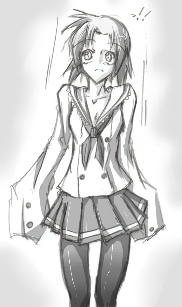 novemdecuple, 1girl, female focus, gradient background, long sleeves, monochrome, short hair, skirt, solo, white background