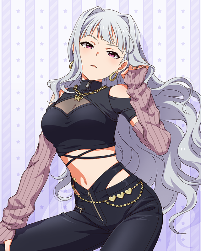 shijou takane, idolmaster, idolmaster (classic), idolmaster million live!, idolmaster million live! theater days, commentary request, game cg, official art, third-party source, 1girl, arm warmers, black pants, breasts, cleavage, drop shadow, earrings, grey hair, hair intakes, hoop earrings, jewelry, long hair, looking at viewer, navel, official alternate costume, pants, pink eyes, solo