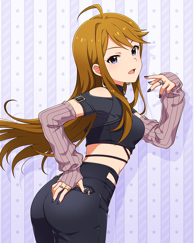 tokoro megumi, idolmaster, idolmaster million live!, idolmaster million live! theater days, commentary request, game cg, official art, third-party source, 1girl, ahoge, arm warmers, ass, black nails, black pants, blue eyes, breasts, brown hair, cowboy shot, drop shadow, earrings, fingernails, floating hair, from behind, hand on own ass, hoop earrings, jewelry, long hair, looking at viewer, looking back, nail polish, official alternate costume, open mouth, pants, ring, solo, standing