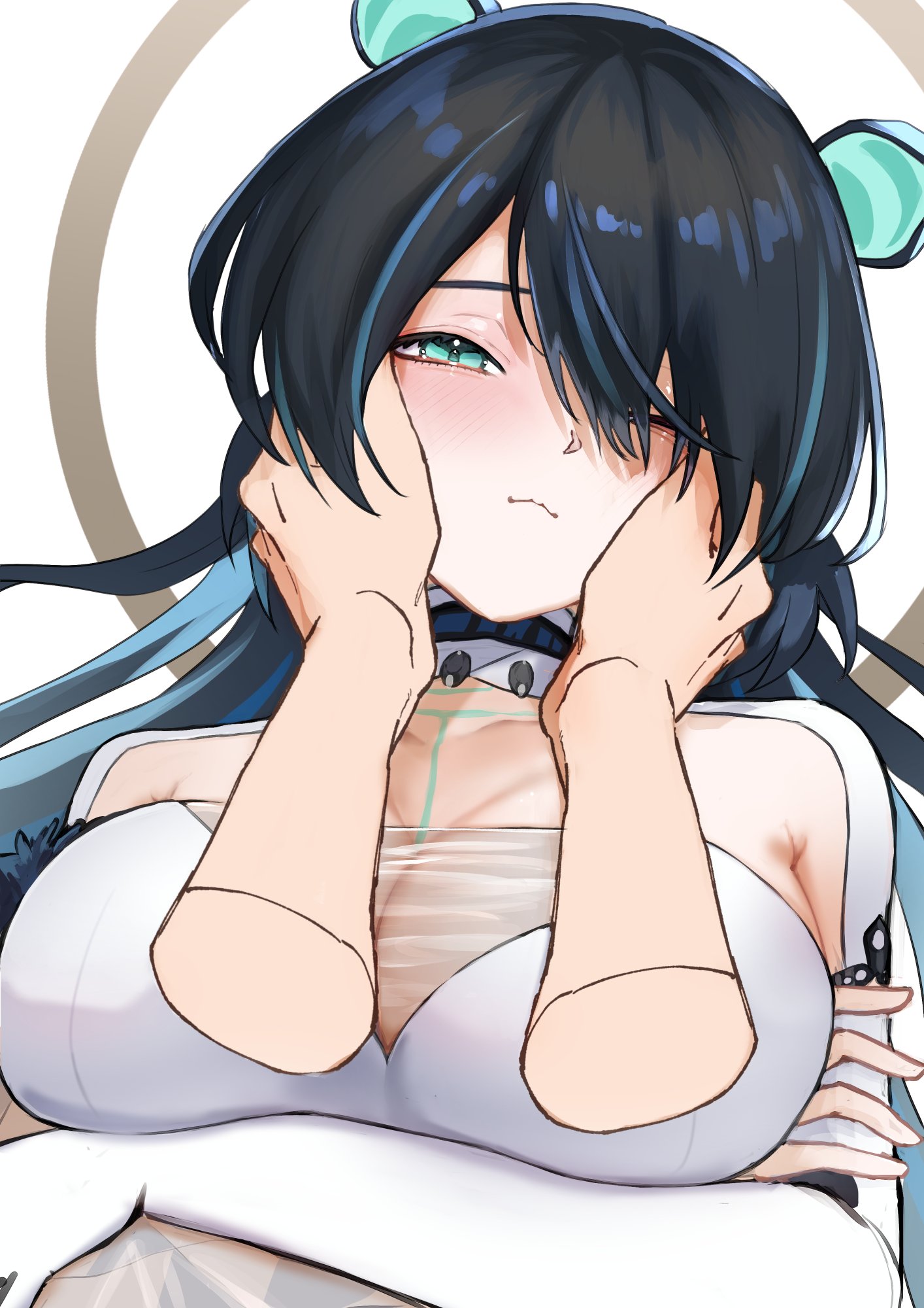 kuchi aka, erina makina, phase connect, highres, 1girl, animal ears, black hair, blue eyes, blue hair, breasts, closed mouth, crossed arms, disembodied hand, halo, hands on another's cheeks, hands on another's face, long hair, multicolored hair, see-through cleavage, see-through clothes, streaked hair, tiger ears, tiger girl, upper body, virtual youtuber