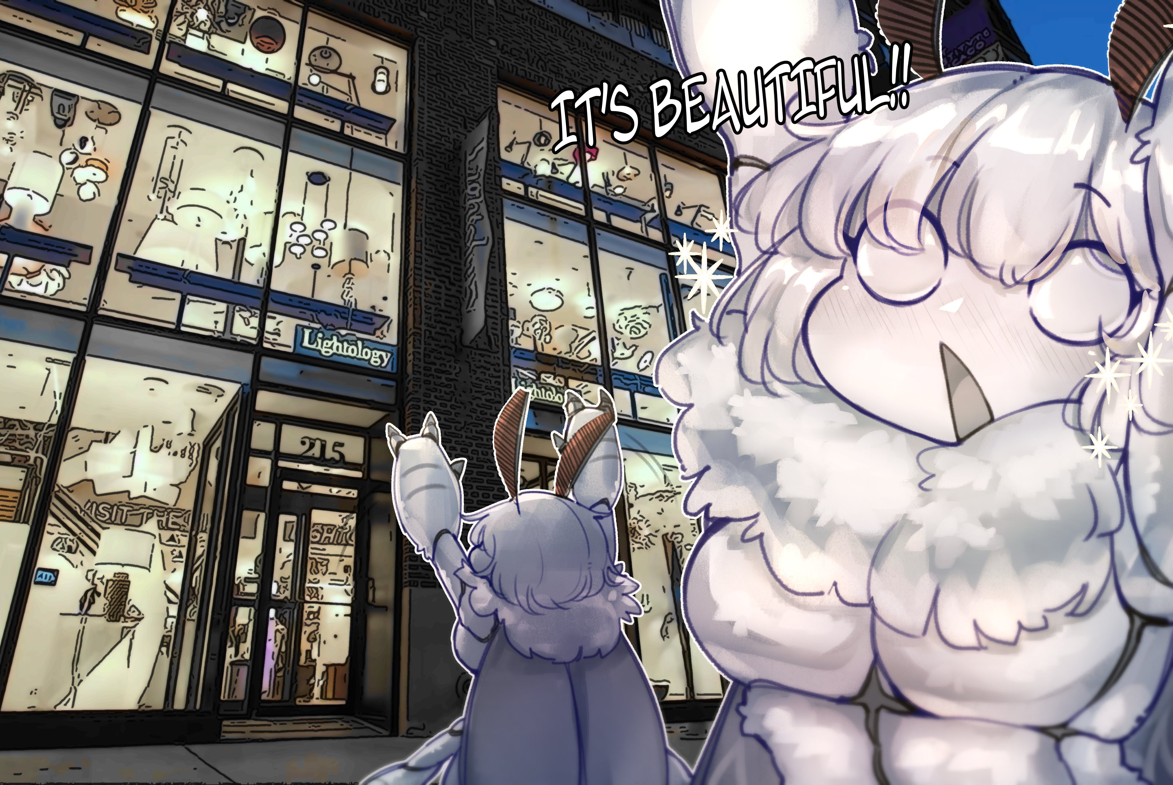 warl granada, original, absurdres, commentary, highres, symbol-only commentary, 1girl, :o, antennae, arthropod girl, arthropod limbs, blush, breasts, clawed hands, colored skin, completely nude, english text, extra arms, from behind, grey claws, grey tongue, hands up, insect girl, insect wings, looking at viewer, medium breasts, monster girl, moth girl, moth wings, night, nude, outdoors, photo background, shop, solid eyes, solo, sparkle, standing, white eyes, white fur, white hair, white skin, wings