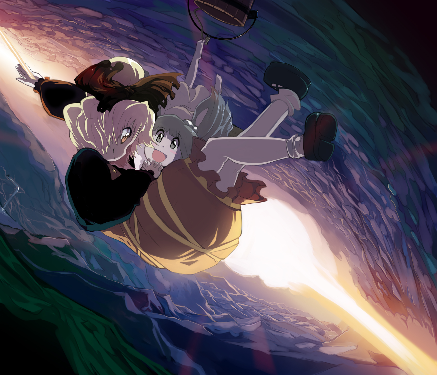 shape, syope, kisume, kurodani yamame, touhou, european clothes, highres, 2girls, blonde hair, bow, bucket, female focus, green eyes, green hair, hair bow, multiple girls, short hair, twintails, yellow eyes