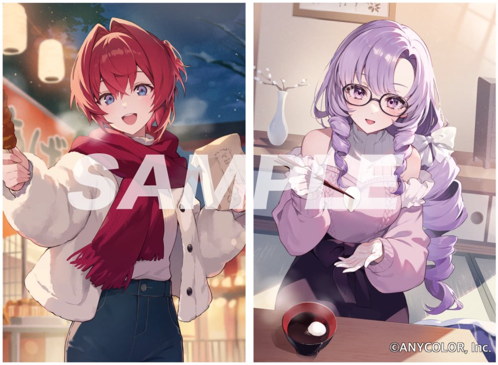 yoshino saku, ange katrina, hyakumantenbara salome, nijisanji, commentary, commentary request, english commentary, food request, mixed-language commentary, official art, 2girls, :d, asymmetrical bangs, bag, bare shoulders, black-framed eyewear, blue eyes, blue pants, blurry, blurry background, blush, bowl, breasts, chopsticks, clothing cutout, copyright notice, curtained hair, denim, drill hair, drill sidelocks, food, glasses, gloves, hair between eyes, hair intakes, half gloves, hand up, holding, holding bag, holding chopsticks, holding food, indoors, jacket, jeans, lantern, layered shirt, long hair, long sidelocks, long sleeves, looking at viewer, medium breasts, medium hair, multiple girls, night, official alternate costume, open clothes, open jacket, open mouth, outdoors, pants, paper bag, paper lantern, plant, potted plant, puffy long sleeves, puffy sleeves, purple eyes, purple hair, purple shirt, purple skirt, red hair, red scarf, sample watermark, scarf, shirt, shirt tucked in, shoulder cutout, sidelocks, sitting, skirt, smile, table, tatami, teeth, upper teeth only, very long hair, virtual youtuber, watermark, white gloves, white jacket, white shirt