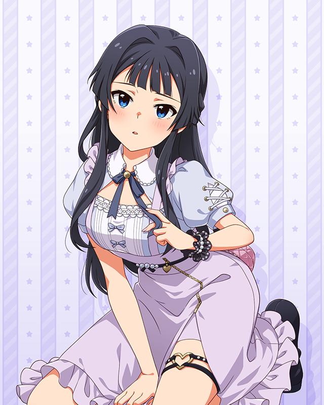 mogami shizuka, idolmaster, idolmaster million live!, idolmaster million live! theater days, commentary request, game cg, official art, third-party source, 1girl, black hair, blue eyes, blush, breasts, drop shadow, hair intakes, heart, heart o-ring, kneeling, long hair, looking at viewer, o-ring, o-ring thigh strap, official alternate costume, parted lips, puffy short sleeves, puffy sleeves, pure mine lady (idolmaster), purple skirt, short sleeves, skirt, solo, thigh strap