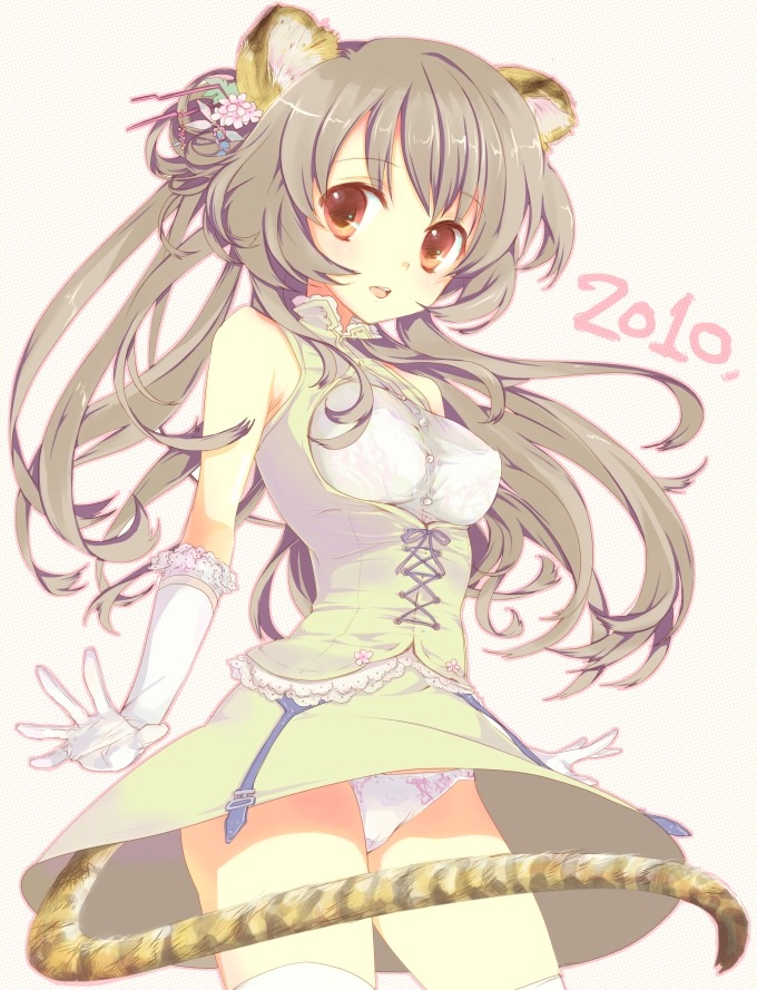 mofmof (sousa), original, 10s, 1girl, 2010, animal ears, brown hair, female focus, gloves, hair ornament, long hair, panties, solo, tail, tiger ears, tiger tail, underwear