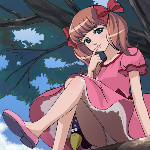 haruyama kazunori, mako-chan (majokko mako ni omakase), majokko mako ni omakase, lowres, 1girl, bird, blue eyes, blush, bow, brown hair, crow, day, dress, female focus, finger sucking, finger to mouth, flat chest, from below, hair bow, hat, in tree, loli, outdoors, panties, pantyshot, petticoat, sitting, sitting in tree, sky, smile, solo, star (sky), star (symbol), starry sky, touching lips, tree, twintails, underwear, upskirt, white panties, wizard hat