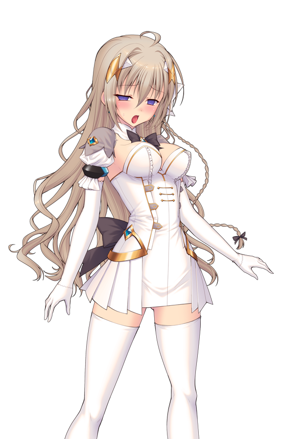 yuugure pairo, sacred claire, game cg, large variant set, non-web source, official art, variant set, 1girl, ahoge, black bow, blue eyes, blush, bow, bowtie, braid, breasts, cleavage, detached collar, dress, elbow gloves, genseishinki sacred virth, gloves, hair ornament, jewelry, large breasts, long hair, magical girl, open mouth, pleated dress, puffy short sleeves, puffy sleeves, purple eyes, short dress, short sleeves, skirt, solo, thighhighs, tierna aeride throne, tongue, tongue out, transparent background, wavy hair, white dress, white gloves, white thighhighs, zettai ryouiki