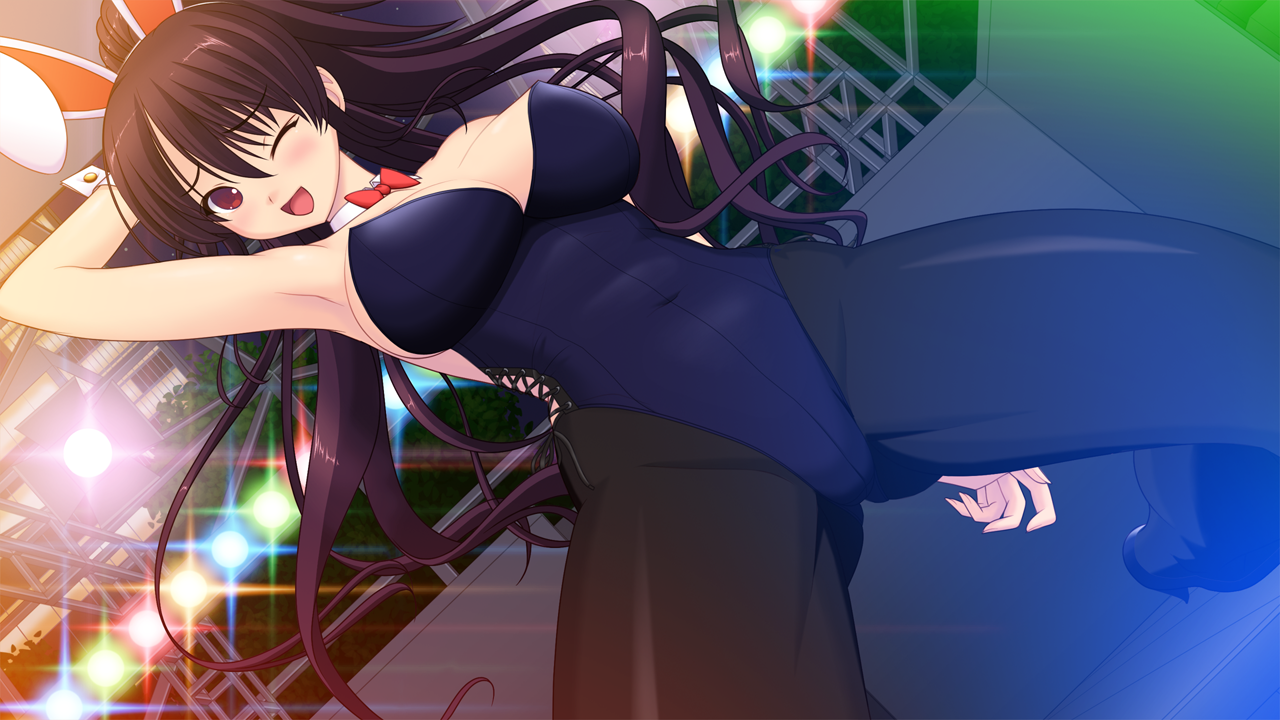 yuugure pairo, yuuki setsu, game cg, large variant set, non-web source, official art, variant set, 1girl, ;d, animal ears, arm behind head, arm up, armpits, black pantyhose, blush, bow, bowtie, breasts, cleavage, covered navel, detached collar, dutch angle, fake animal ears, genseishinki sacred virth, gluteal fold, hair between eyes, high heels, high ponytail, indoors, kneeling, large breasts, leotard, long hair, looking at viewer, one eye closed, open mouth, pantyhose, playboy bunny, pole, ponytail, rabbit ears, red bow, red bowtie, red eyes, smile, solo, spotlight, spread legs, stage, stage lights, strapless, strapless leotard, stripper pole, very long hair, wrist cuffs