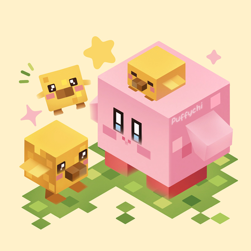 puffychii, chicken (minecraft), kirby, kirby (series), minecraft, nintendo, commentary, english commentary, baby animal, bird, blue eyes, blush stickers, chick, closed mouth, minecraft (style), no humans, notice lines, smile, sparkle, star (symbol)