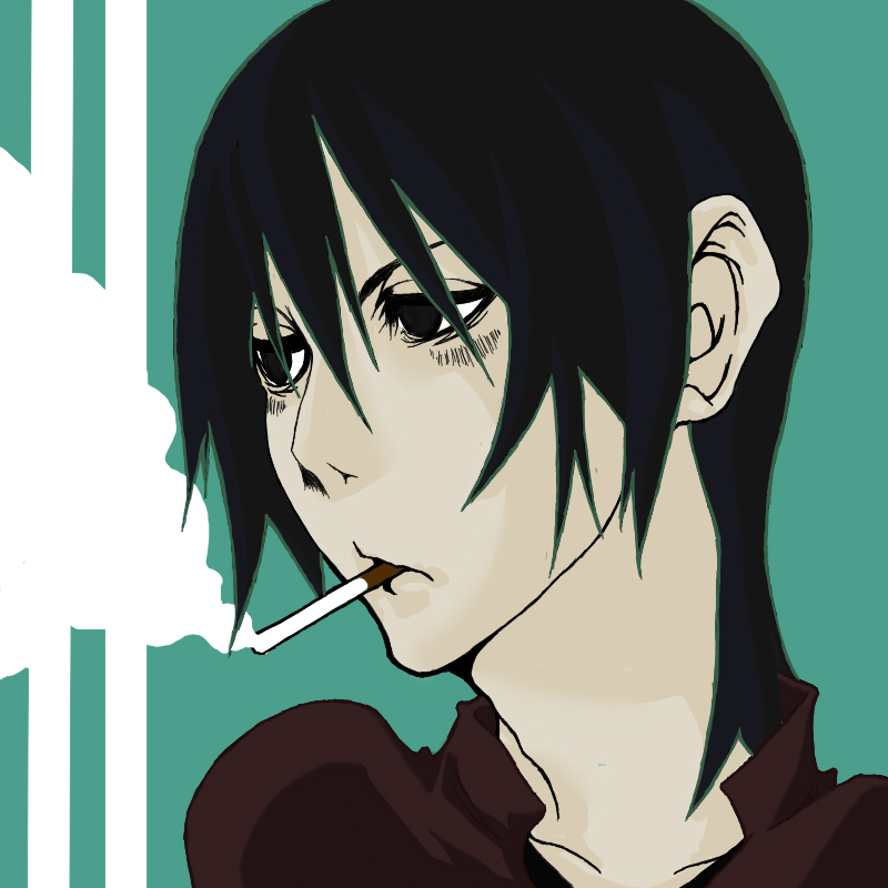 ayame hashinimasen, torako (yotsubato!), yotsubato!, bad id, bad pixiv id, gender request, androgynous, black hair, cigarette, pale skin, short hair, smoking, solo