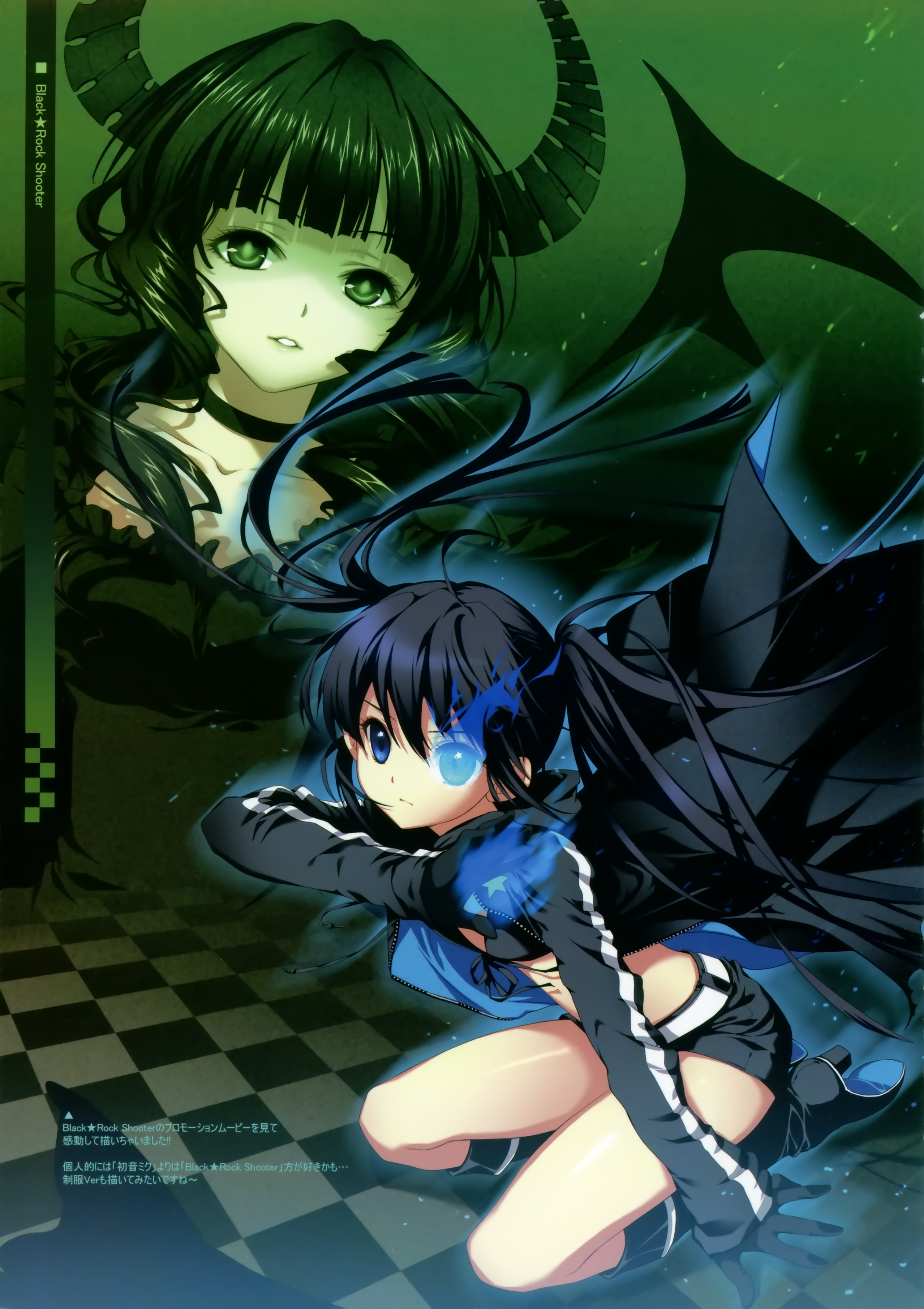 shirahane nao, black rock shooter (character), dead master, black rock shooter, dmyotic, absurdres, highres, 10s, 2girls, belt, bikini, bikini top only, black hair, blue eyes, boots, cape, choker, green eyes, horns, legs, long hair, magic, multiple girls, shorts, swimsuit, thigh boots, thighhighs, twintails, unzipped, wings