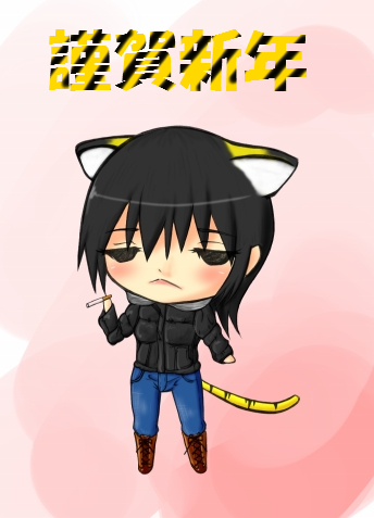 cait-sith, windy-fantyon, torako (yotsubato!), yotsubato!, lowres, 1girl, animal ears, black eyes, black hair, boots, cat ears, cat tail, cigarette, denim, female focus, jacket, jeans, pants, short hair, solo, tail