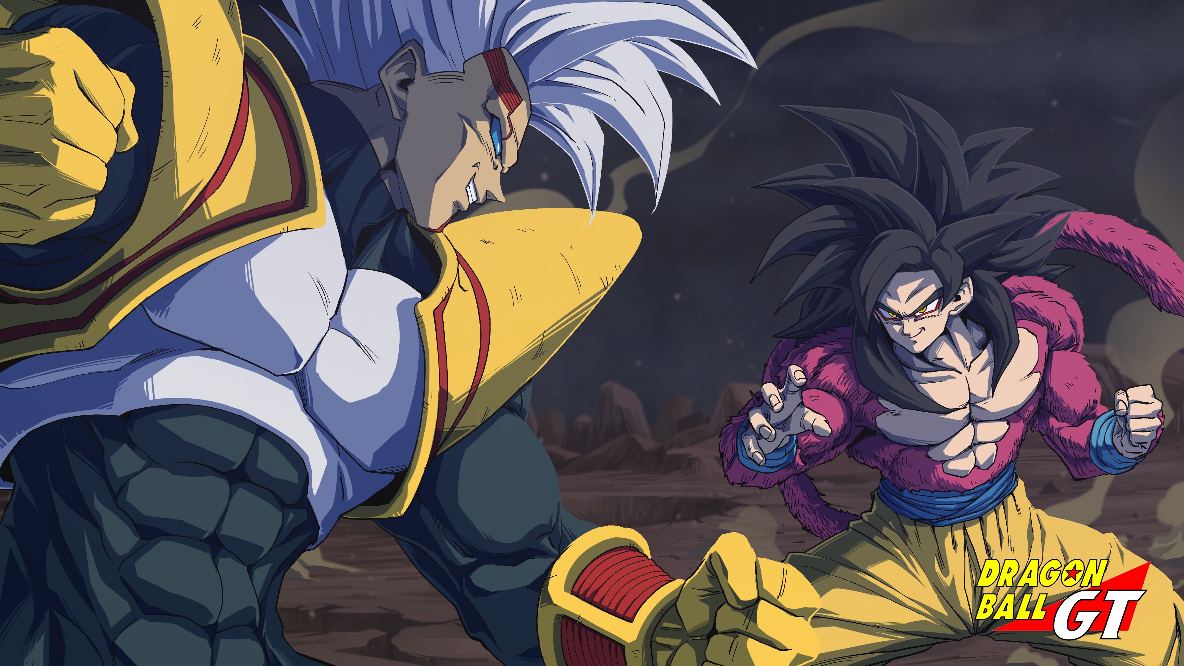 horang4628, baby (dragon ball), baby vegeta, son goku, dragon ball, dragon ball gt, absurdres, highres, black hair, blue eyes, blue sash, body fur, bodysuit, closed mouth, dougi, gloves, grey hair, grin, long hair, male focus, monkey boy, monkey tail, multiple boys, muscular, muscular male, open mouth, pants, parasite, pectorals, possessed, red fur, saiyan, sash, smile, spiked hair, super saiyan, super saiyan 4, tail, teeth, white hair, yellow gloves, yellow pants