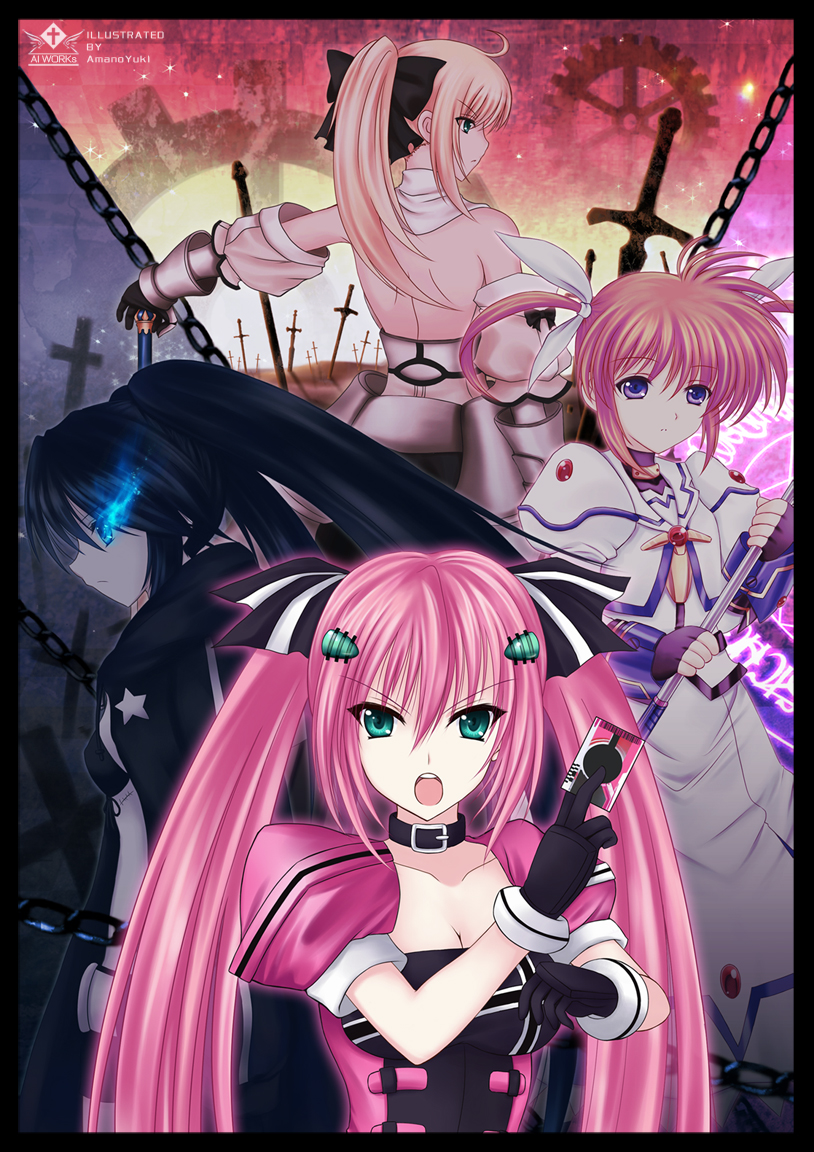 amano yuki, artoria pendragon (fate), black rock shooter (character), kamen rider decade, saber (fate), saber lily, takamachi nanoha, takamachi nanoha (movie 1st mode), black rock shooter, capcom, fate/stay night, fate/unlimited codes, fate (series), kamen rider, kamen rider dcd, lyrical nanoha, mahou shoujo lyrical nanoha, gender request, 00s, 10s, 4girls, crossover, genderswap, multiple girls, unlimited blade works (reality marble)