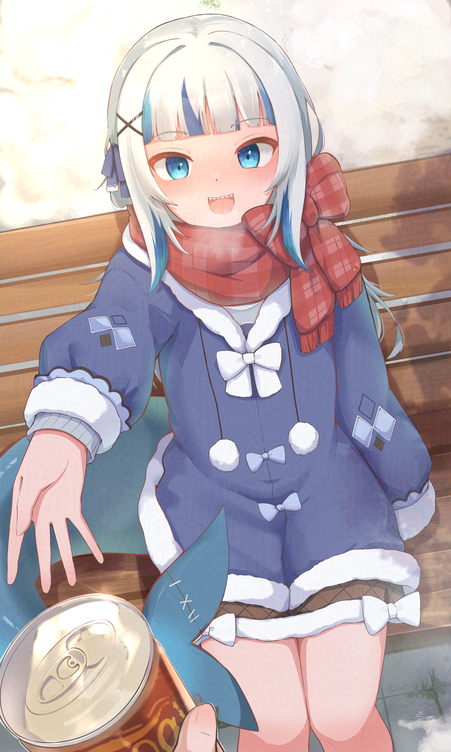 soyose, gawr gura, gawr gura (winter casual), hololive, hololive english, absurdres, highres, 1girl, 1other, bench, blue bow, blue coat, blue eyes, blue hair, blunt bangs, bow, bowtie, breath, brown skirt, can, coat, cropped legs, fins, fish tail, fur-trimmed coat, fur trim, grey hair, hair bow, hair ornament, holding, holding can, long sleeves, looking at viewer, multicolored hair, open mouth, outstretched arm, plaid clothes, plaid scarf, pom pom (clothes), pov, red scarf, scarf, scarf bow, shark girl, shark tail, sharp teeth, sitting, skirt, smile, streaked hair, tail, teeth, virtual youtuber, white bow, white bowtie, winter clothes, x hair ornament