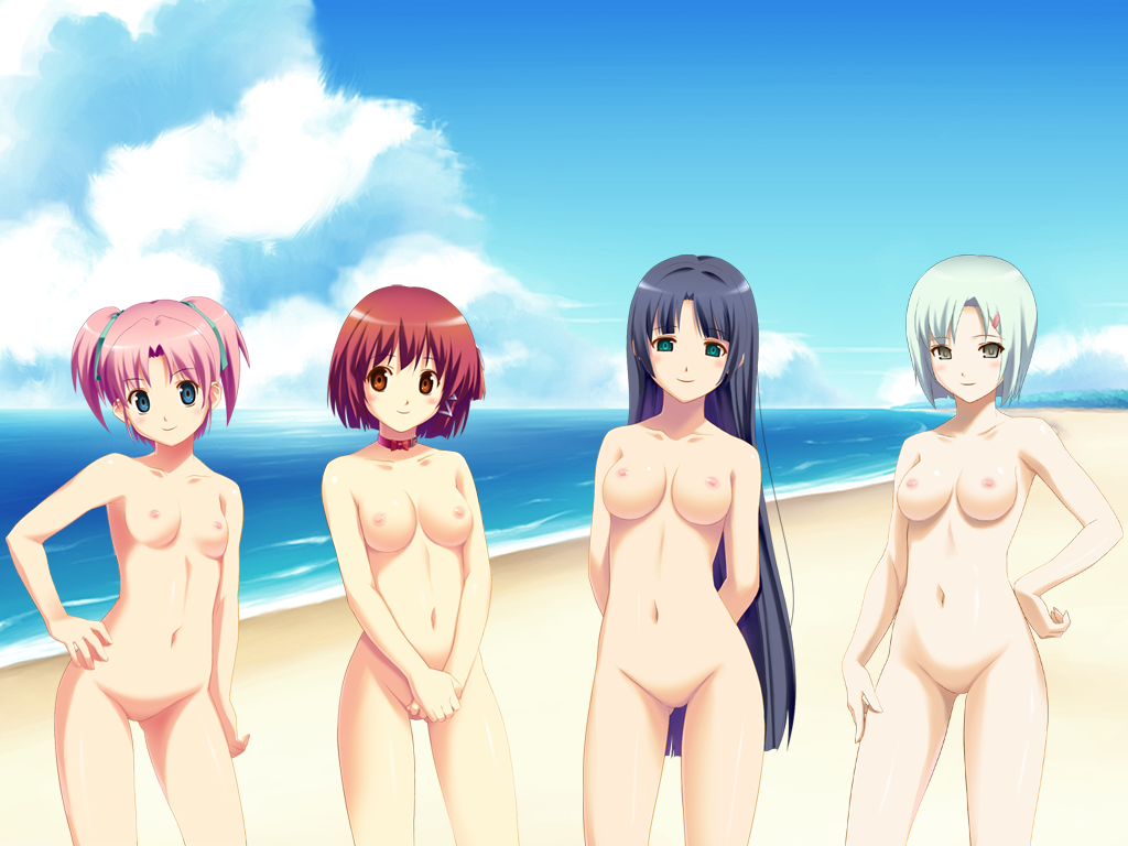 koutaro, arai ruka, ichijou anzu, minezaki sakura, mizusawa noel, ars magna, silver hair, 4girls, arms behind back, beach, black hair, blue eyes, breasts, brown eyes, cloud, green eyes, grey eyes, groin, jewelry, lineup, long hair, multiple girls, navel, necklace, nipples, no pussy, nude, nudist, ocean, pink hair, red hair, short hair, sky, standing, take your pick, thigh gap, thighs, twintails, water