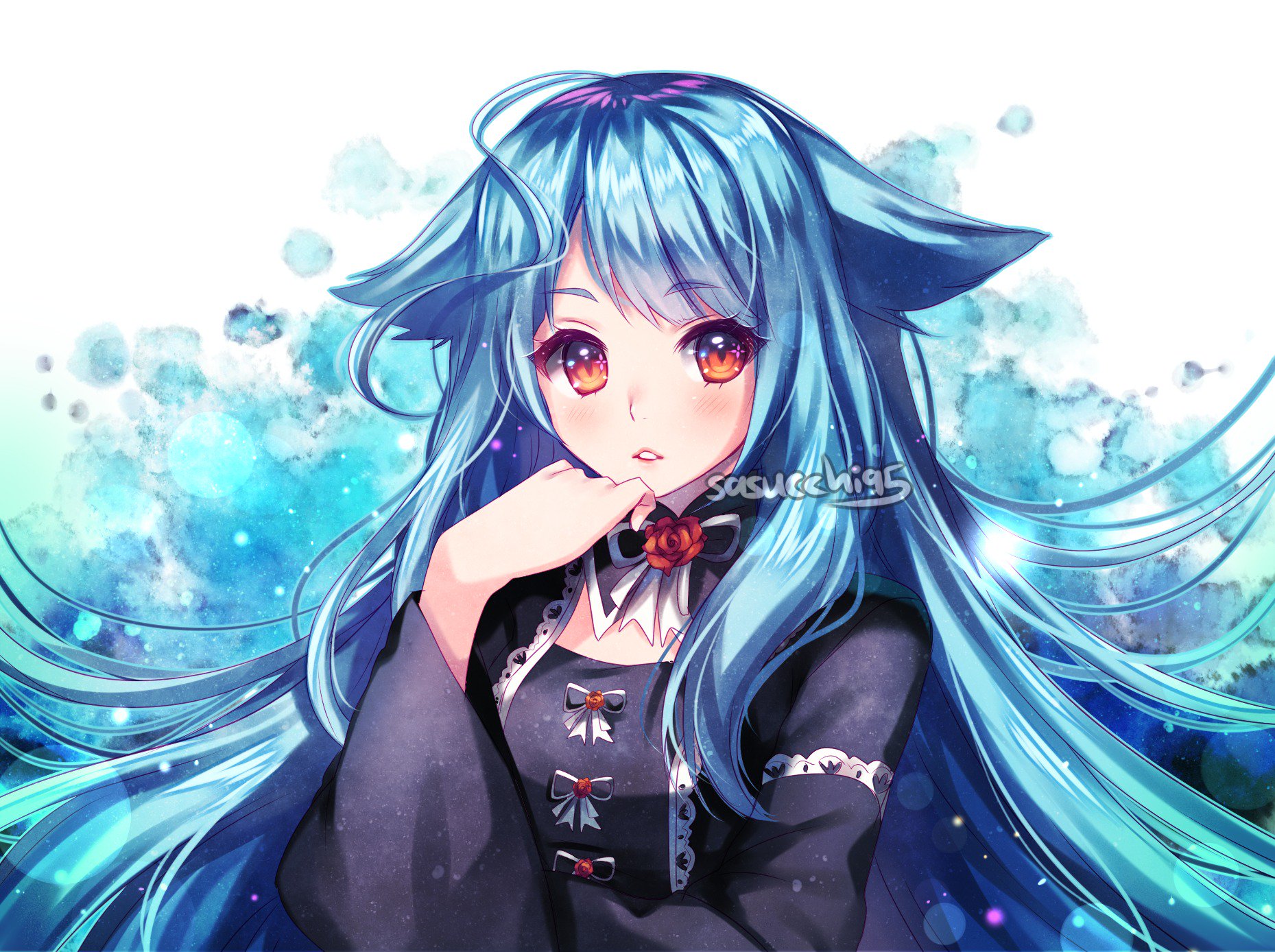 sasucchi95, original, commentary, commission, english commentary, highres, 1girl, ahoge, artist name, black shirt, blue background, blue hair, blue outline, blush, breasts, brooch, chestnut mouth, cleavage cutout, clothing cutout, flower, flower brooch, hair flaps, hair over shoulder, hand on own chin, hand up, huge ahoge, jewelry, light particles, long hair, long sleeves, looking at viewer, neck ribbon, orange eyes, outline, parted lips, red flower, red rose, ribbon, ribbon-trimmed shirt, ribbon trim, rose, shirt, sidelocks, simple background, slit pupils, small breasts, solo, swept bangs, tareme, two-tone background, upper body, very long hair, white background, white ribbon, wide sleeves