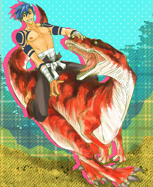 kamina (ttgl), tengen toppa gurren lagann, 00s, 1boy, bandages, blue hair, claws, dinosaur, epic, grin, male focus, manly, red eyes, riding, riding dinosaur, sarashi, smile, solo, tattoo, teeth, topless male