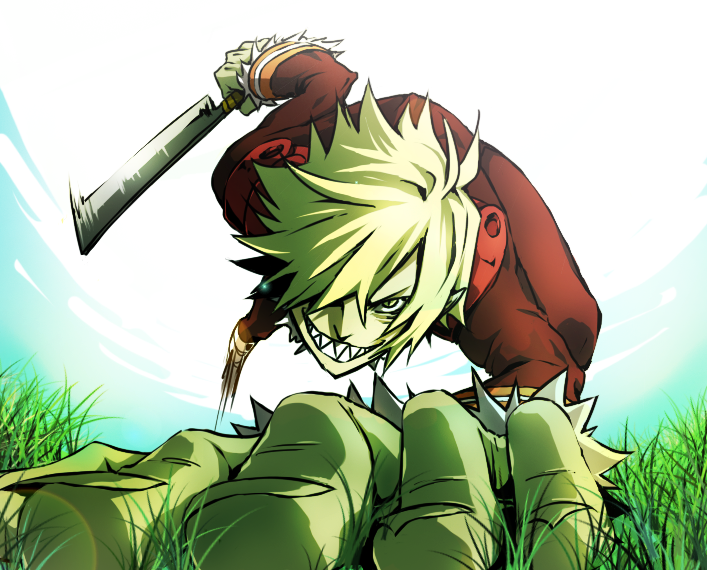 wato samirika, viral (ttgl), tengen toppa gurren lagann, 00s, 1boy, blonde hair, fangs, foreshortening, grin, hair over one eye, male focus, oversized limbs, pointy ears, short hair, smile, solo, weapon