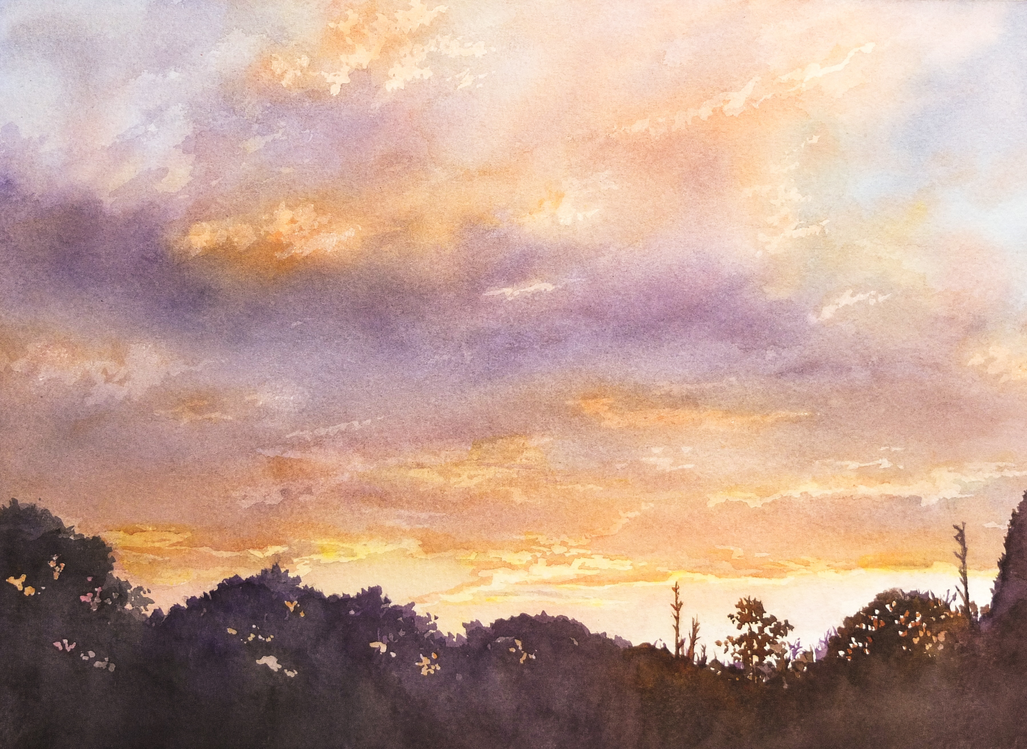 kazuyuki hashimoto, original, absurdres, commentary request, highres, painting (medium), traditional media, watercolor (medium), cloud, cloudy sky, evening, no humans, outdoors, scenery, sky, tree