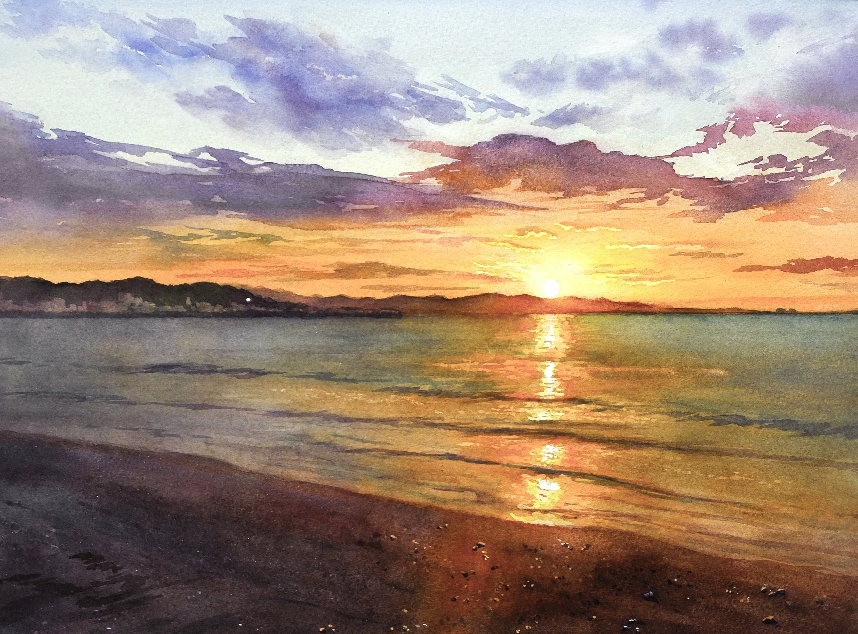 kazuyuki hashimoto, original, absurdres, commentary request, highres, painting (medium), traditional media, watercolor (medium), beach, cloud, evening, landscape, mountainous horizon, multicolored sky, ocean, outdoors, scenery, sky, sun, sunset
