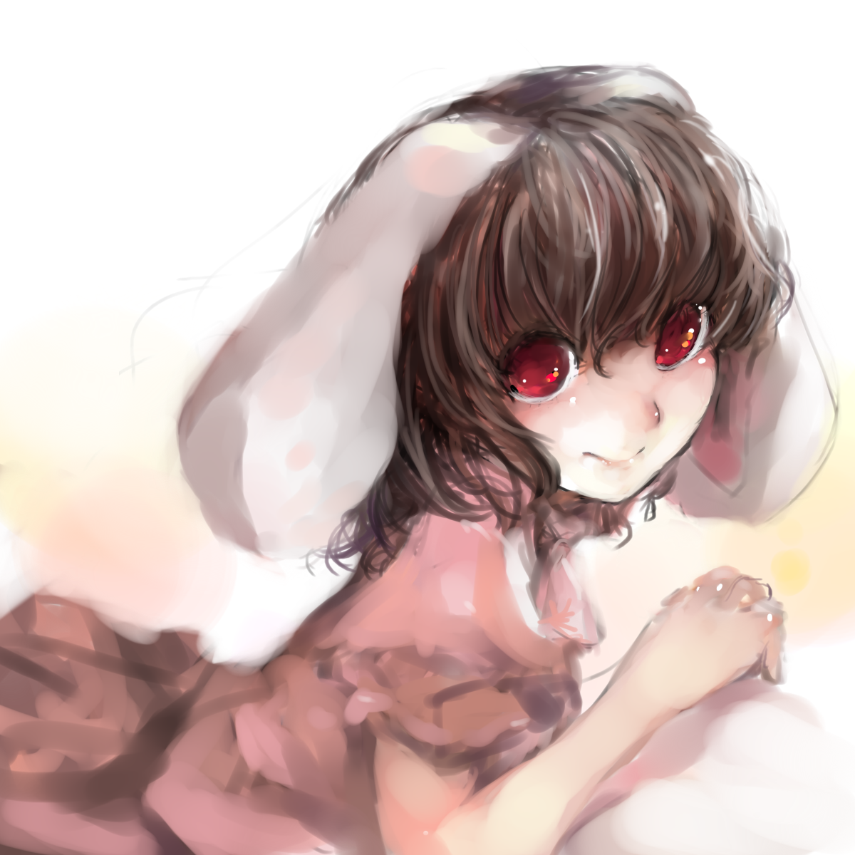 tasu tasuta, inaba tewi, touhou, bad id, bad pixiv id, highres, 1girl, animal ears, black hair, female focus, gradient background, rabbit ears, red eyes, short hair, smile, solo