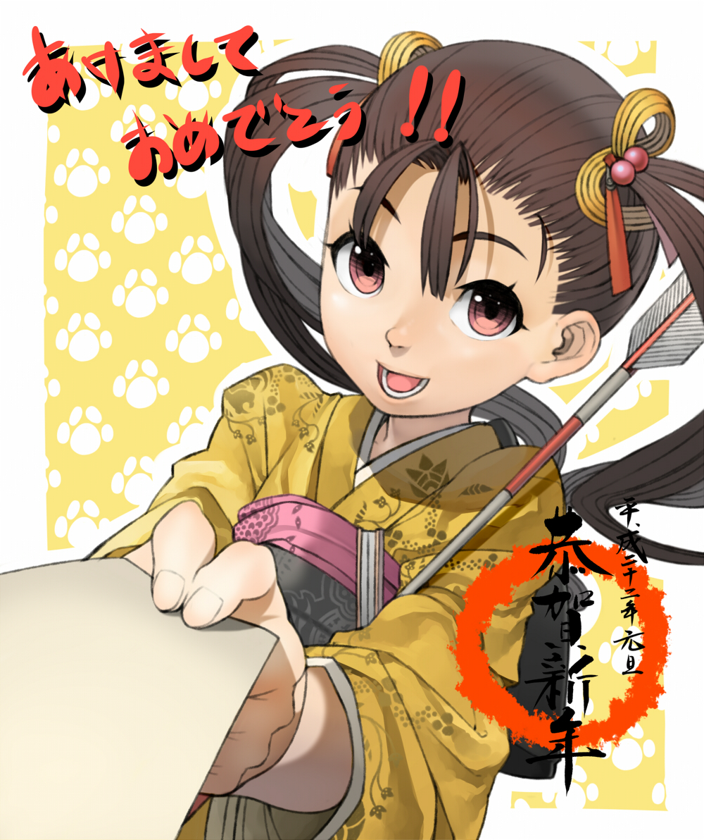 kurumayama, original, 1girl, arrow (projectile), brown eyes, brown hair, female focus, foreshortening, hair ornament, hamaya, long hair, new year, obi, sash, solo, twintails
