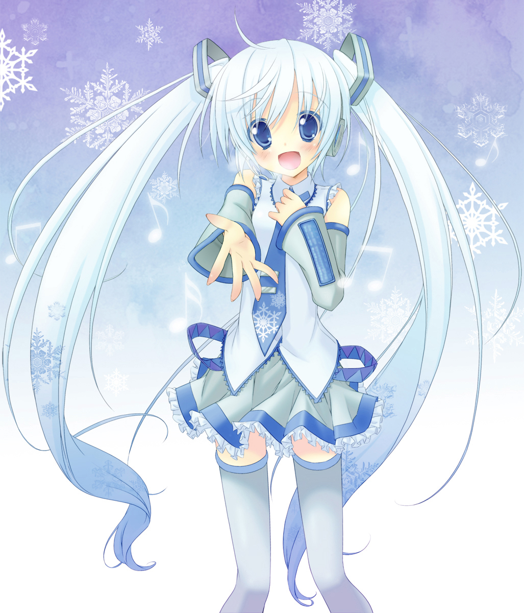 gotou nao, yoshimi kou, hatsune miku, yuki miku, vocaloid, artist collaboration, colorized, highres, 1girl, alternate color, blue eyes, blush, cold, detached sleeves, female focus, flat chest, gradient hair, headset, long hair, multicolored hair, musical note, necktie, open mouth, patterned, skirt, snow, snowflakes, solo, thighhighs, twintails, very long hair, white hair