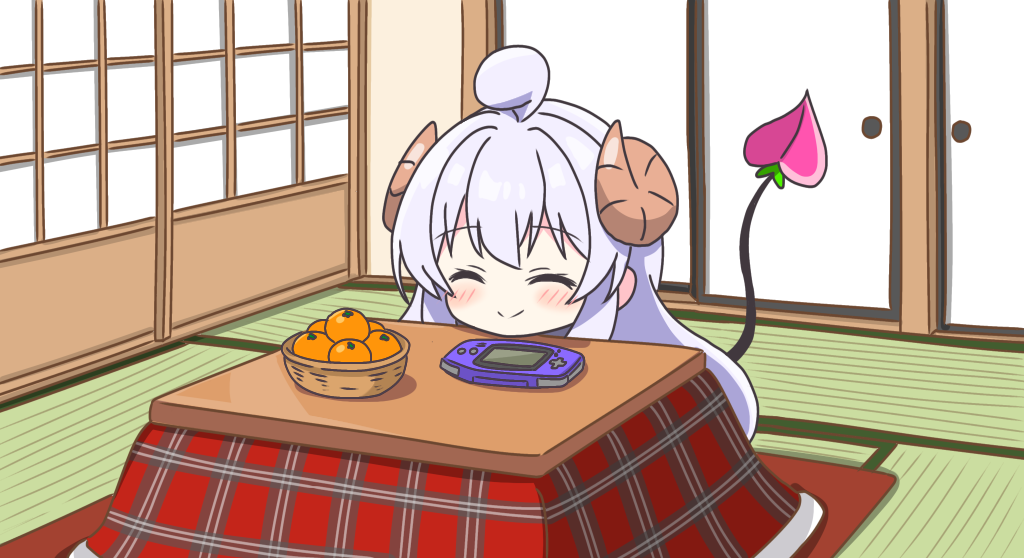 kotatsu-mazoku, lilith (homunculus) (machikado mazoku), lilith (machikado mazoku), machikado mazoku, commentary request, 1girl, ^ ^, ahoge, blush, bowl, brown horns, closed eyes, closed mouth, curled horns, demon girl, demon tail, food, fruit, game boy advance, handheld game console, horns, indoors, kotatsu, long hair, mandarin orange, purple hair, sidelocks, smile, solo, table, tail