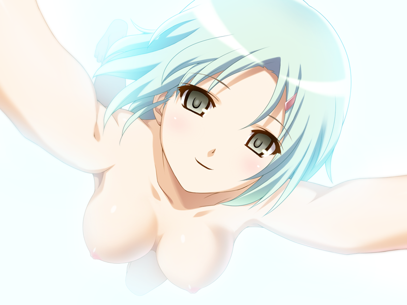 koutaro, arai ruka, ars magna, silver hair, game cg, 1girl, arms up, blush, breasts, female focus, grey eyes, nipples, nude, outstretched arms, short hair, simple background, smile, solo, spread arms