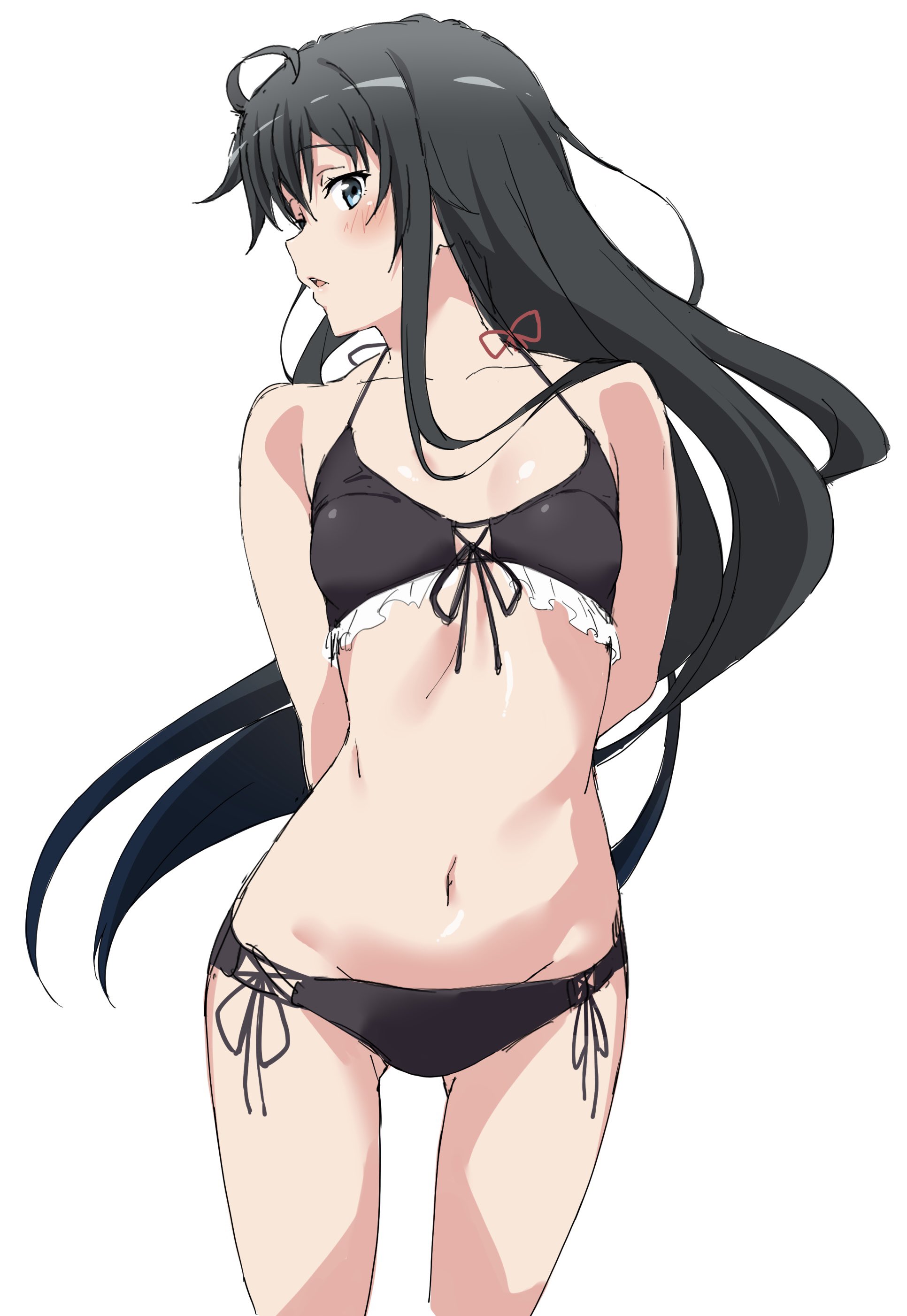 shou937, yukinoshita yukino, yahari ore no seishun lovecome wa machigatteiru., absurdres, commentary, highres, 1girl, ahoge, alternate costume, arms behind back, bikini, black bikini, black hair, blue eyes, blush, breasts, collarbone, cowboy shot, floating hair, front-tie bikini top, front-tie top, gluteal fold, long hair, looking at viewer, lowleg, lowleg bikini, navel, parted lips, side-tie bikini bottom, simple background, small breasts, solo, stomach, swimsuit, very long hair, white background