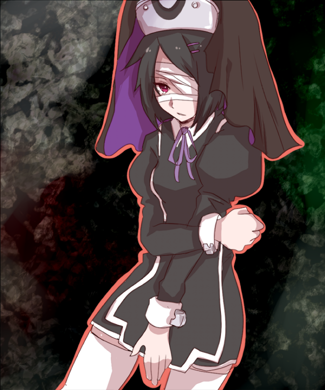 apper500, filament (ar tonelico), ar tonelico, ar tonelico iii, gust, bad id, bad pixiv id, 00s, 1girl, bandage over one eye, bandages, black hair, dress, female focus, red eyes, short hair, solo, thighhighs