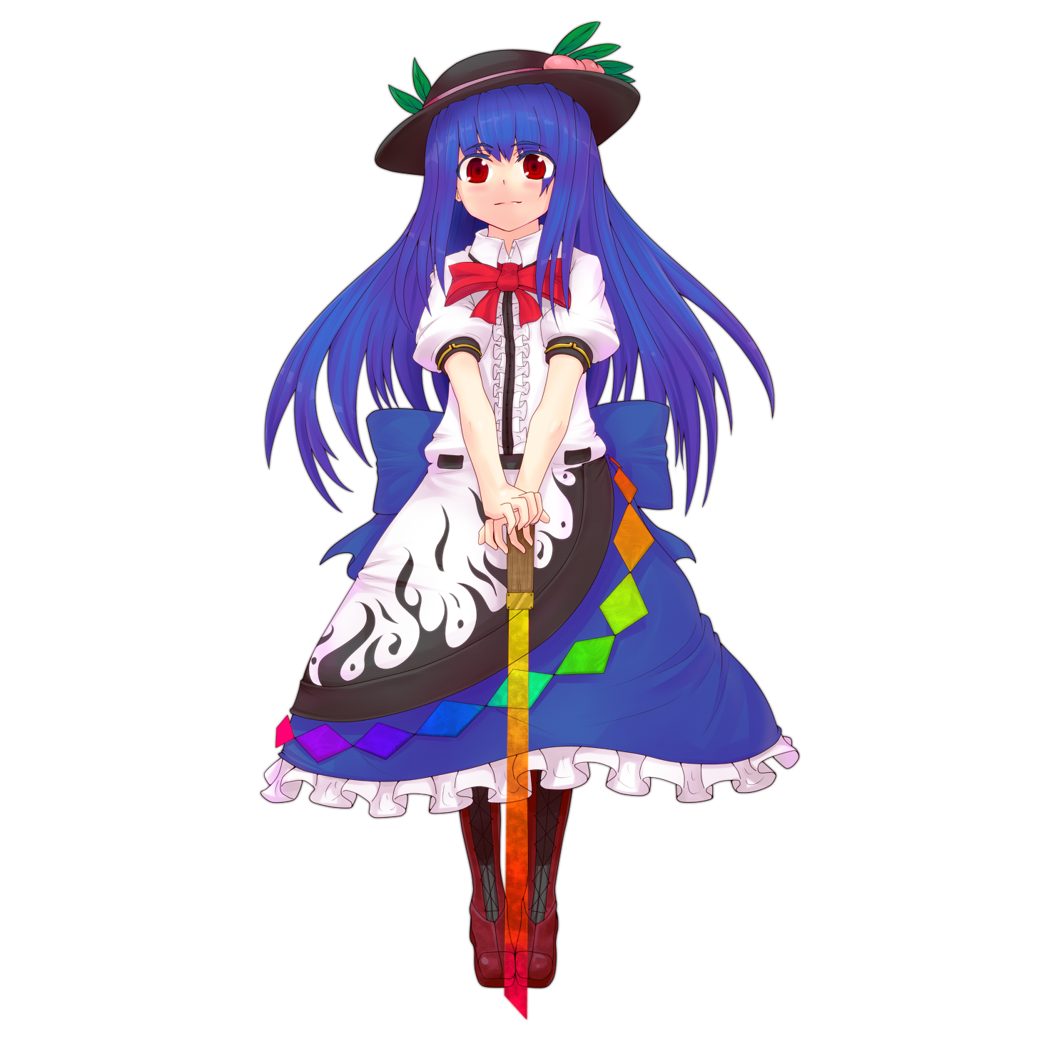 onsen nakaya, hinanawi tenshi, touhou, bad id, bad pixiv id, highres, 1girl, blue hair, female focus, food, fruit, full body, hat, long hair, peach, red eyes, solo, sword, sword of hisou, transparent background, weapon