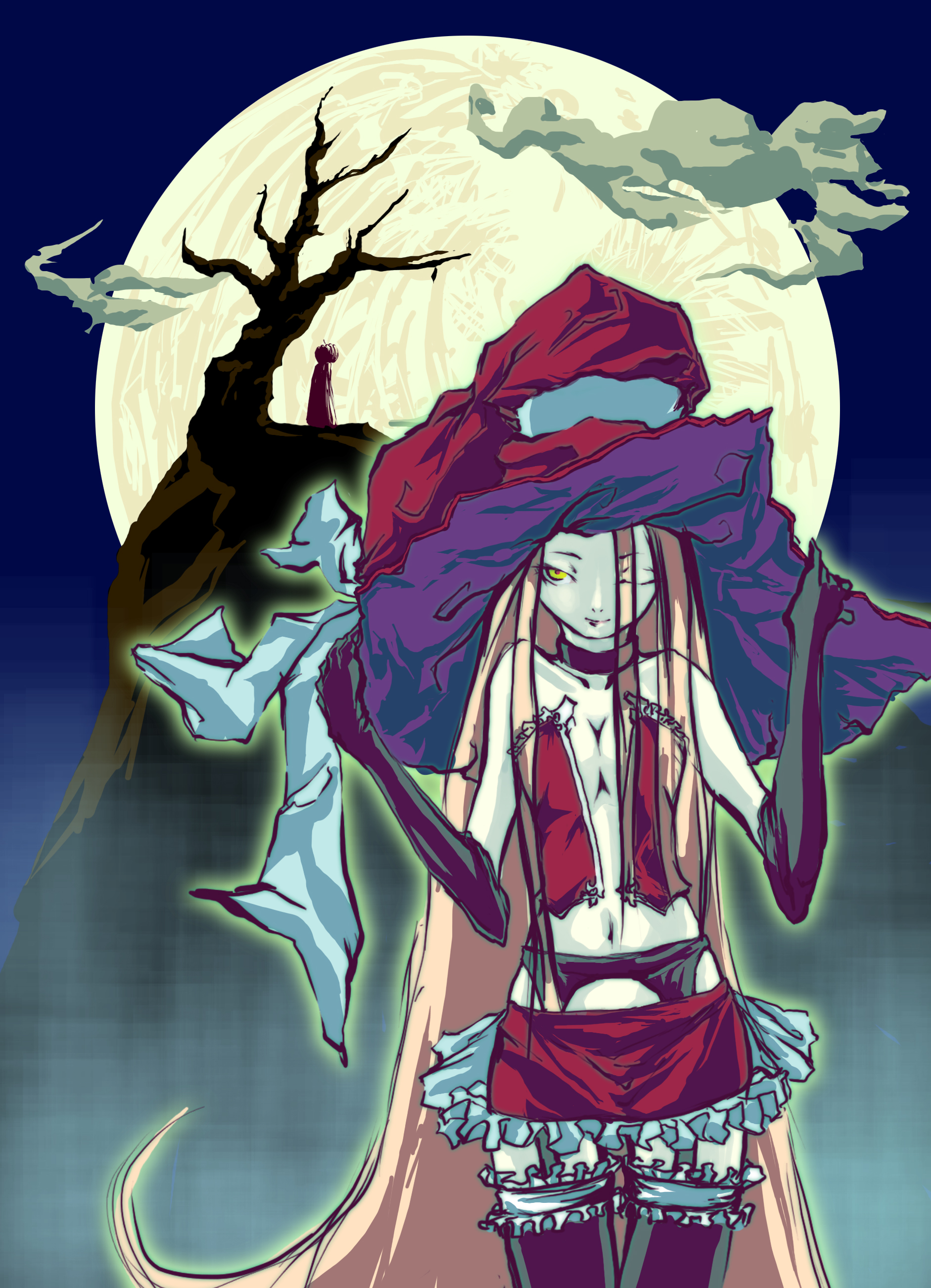 mubouou aasaa, absurdres, highres, 1girl, choker, female focus, frilled thighhighs, frills, garter belt, garter straps, hat, long hair, miniskirt, moon, night, one eye closed, pink hair, skirt, smile, solo, thighhighs, tree, very long hair, wink, witch hat, yellow eyes