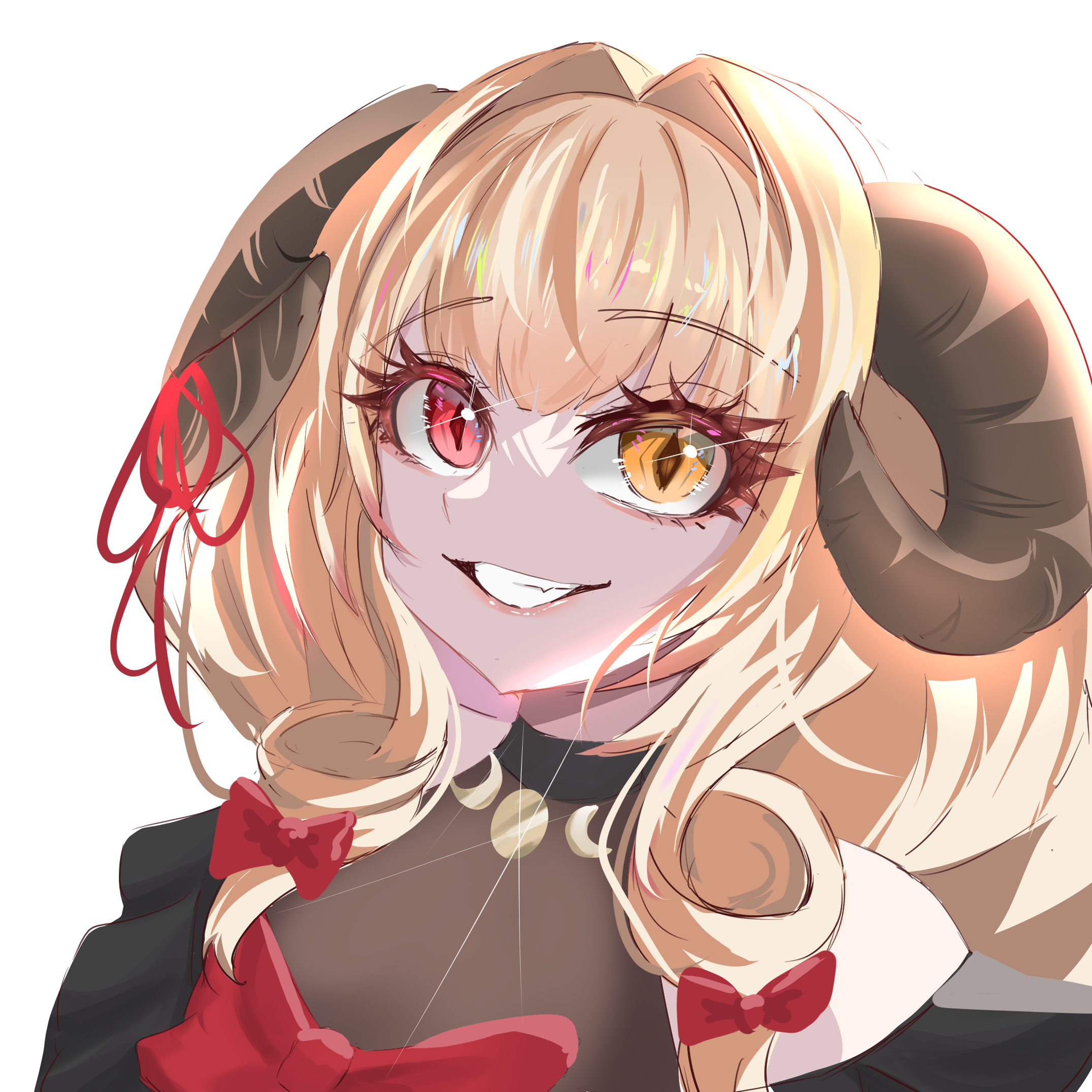 nobody (nobo), commentary, highres, 1girl, blonde hair, bow, demon girl, demon horns, fang, hair ornament, heterochromia, horns, jewelry, jinja (vtuber), lightmotif, looking at viewer, red bow, red eyes, simple background, smile, solo, teeth, virtual youtuber, yellow eyes