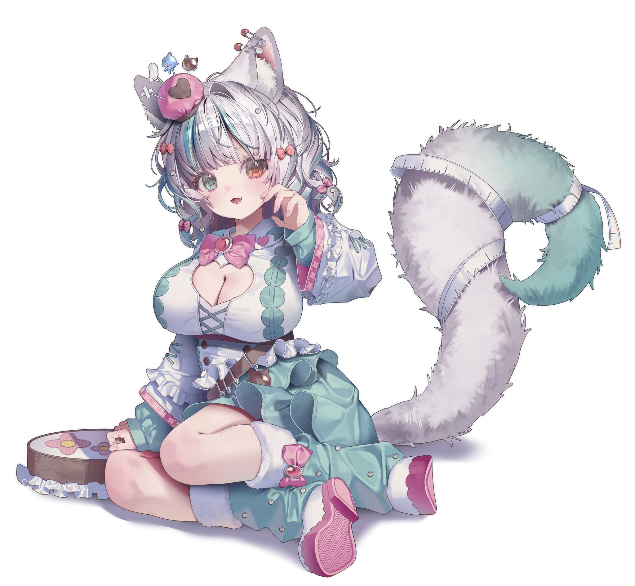 0 o s k, original, commentary, commission, highres, 1girl, :d, animal ear fluff, animal ears, blunt bangs, bow, bowtie, breasts, cleavage, cleavage cutout, clothing cutout, full body, green eyes, green skirt, green socks, green streaks, grey hair, heart cutout, heterochromia, large breasts, long sleeves, looking at viewer, multicolored hair, open mouth, pink shoes, red bow, red bowtie, red eyes, shirt, shoes, short hair, simple background, sitting, skirt, smile, socks, solo, streaked hair, tail, white background, white shirt, wolf ears, wolf girl, wolf tail