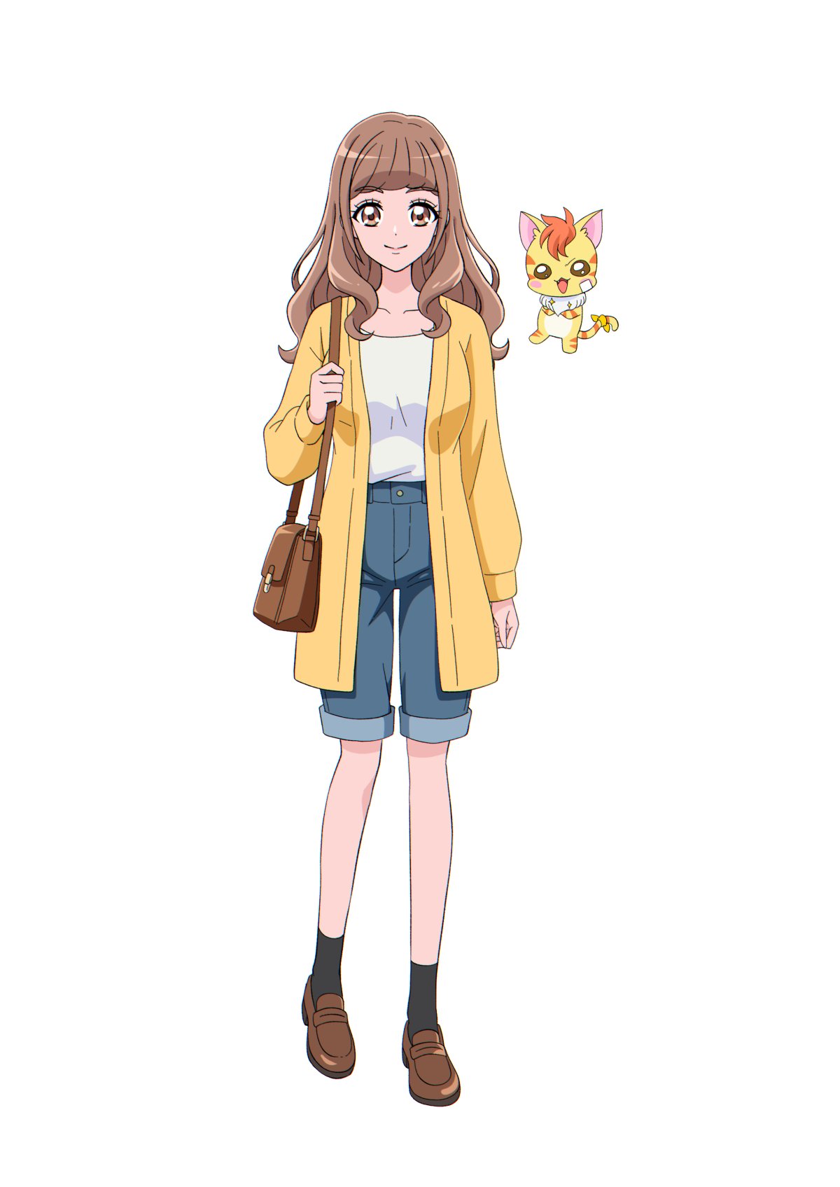 @est@, hiramitsu hinata, nyatoran (precure), healin' good precure, precure, commentary request, highres, 1girl, :3, aged up, bag, black socks, blue shorts, blunt bangs, breasts, brown bag, brown eyes, brown hair, cardigan, cat, closed mouth, collarbone, denim, denim shorts, full body, handbag, jacket, jeans, loafers, long hair, long sleeves, looking at viewer, open cardigan, open clothes, pants, shirt, shirt tucked in, shoes, shorts, shoulder bag, smile, socks, solo, standing, tachi-e, transparent background, wavy hair, white shirt, yellow cardigan, yellow jacket