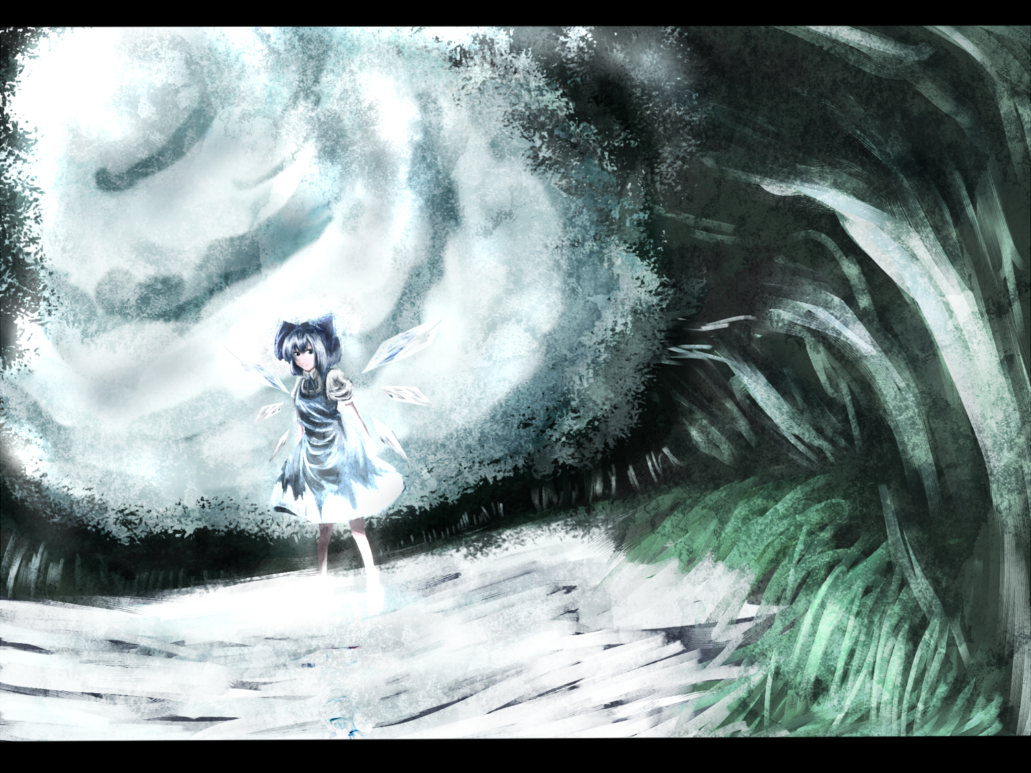 mifuru, cirno, embodiment of scarlet devil, touhou, bad id, bad pixiv id, 1girl, bare legs, blue dress, blue eyes, blue hair, dress, fairy, fairy wings, female focus, full body, ice, ice wings, letterboxed, matching hair/eyes, short hair, solo, standing, water, wings